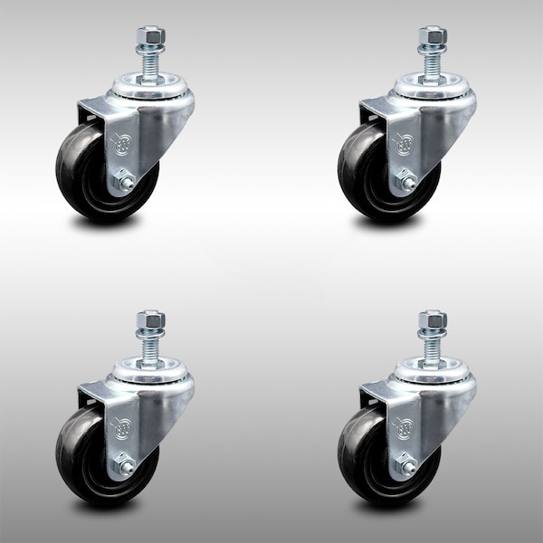 3 Inch SS Hard Rubber Wheel Swivel 1/2 Inch Threaded Stem Caster Set SCC
